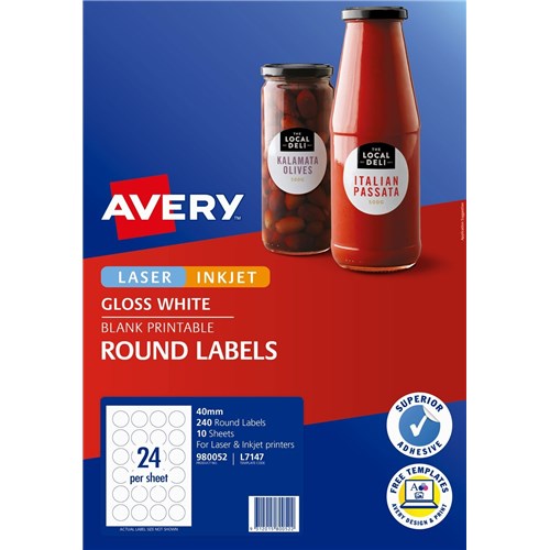 AVERY L7147 WHITE ROUND GLOSS Labels 24up 40mm Pack of 10 10 sheets 240 labels circle